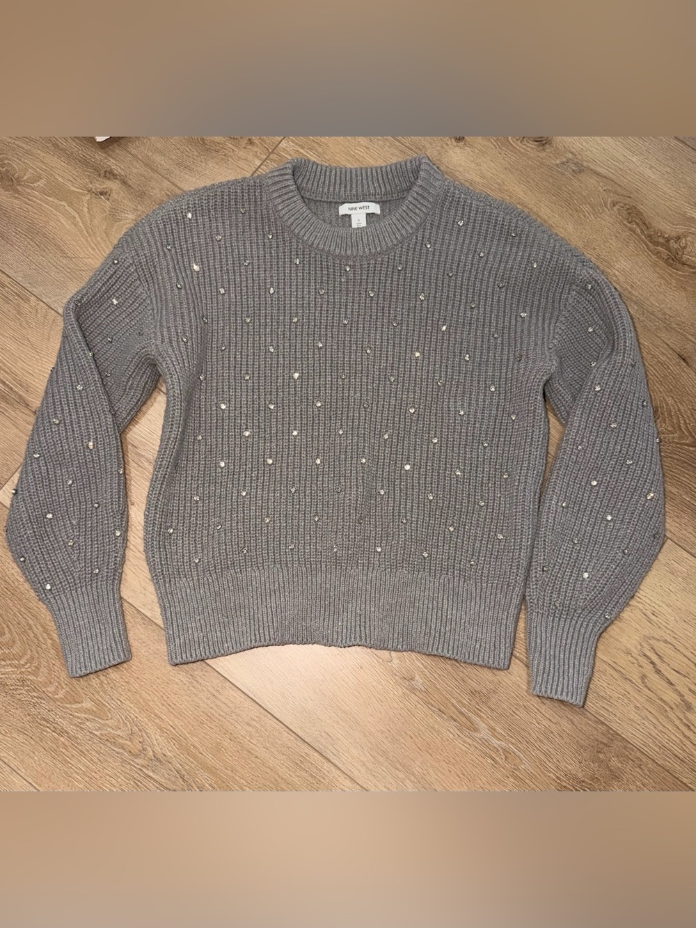 Nine West Gray Crystal -Embellished Crewneck Sweater